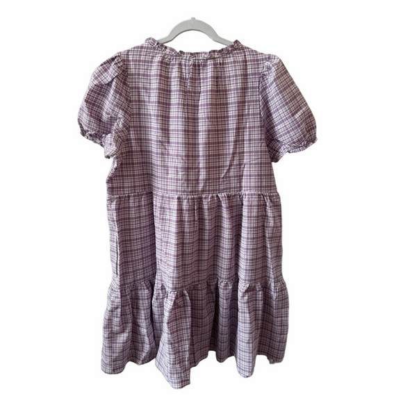 ModCloth Lavender Plaid Mini Dress Size Large V-Neck Short Sleeve Pockets EUC - Picture 6 of 12